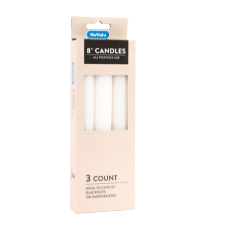 CANDLE NUVALU ALL PURPOSE WHITE 8" 3PK