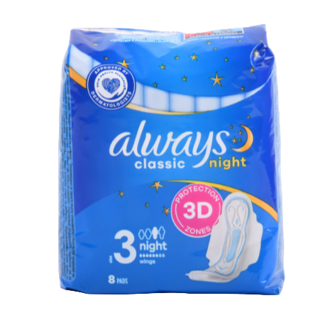 MAXI PAD ALWAYS NIGHT W/WINGS BLUE 8PK