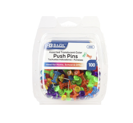 BAZIC PUSH PIN TRANSPARENT 100 CT ASSORTED COLOR 1CT