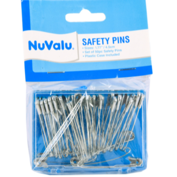 NUVALU SAFETY PINS 1.77" 50CT SILVER COLOR W/PLASTIC BOX & HEAD CARD