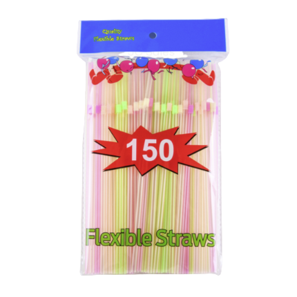 STRAW FLEXIBLE ASSORTED NEON COLOR 150PK 1CT