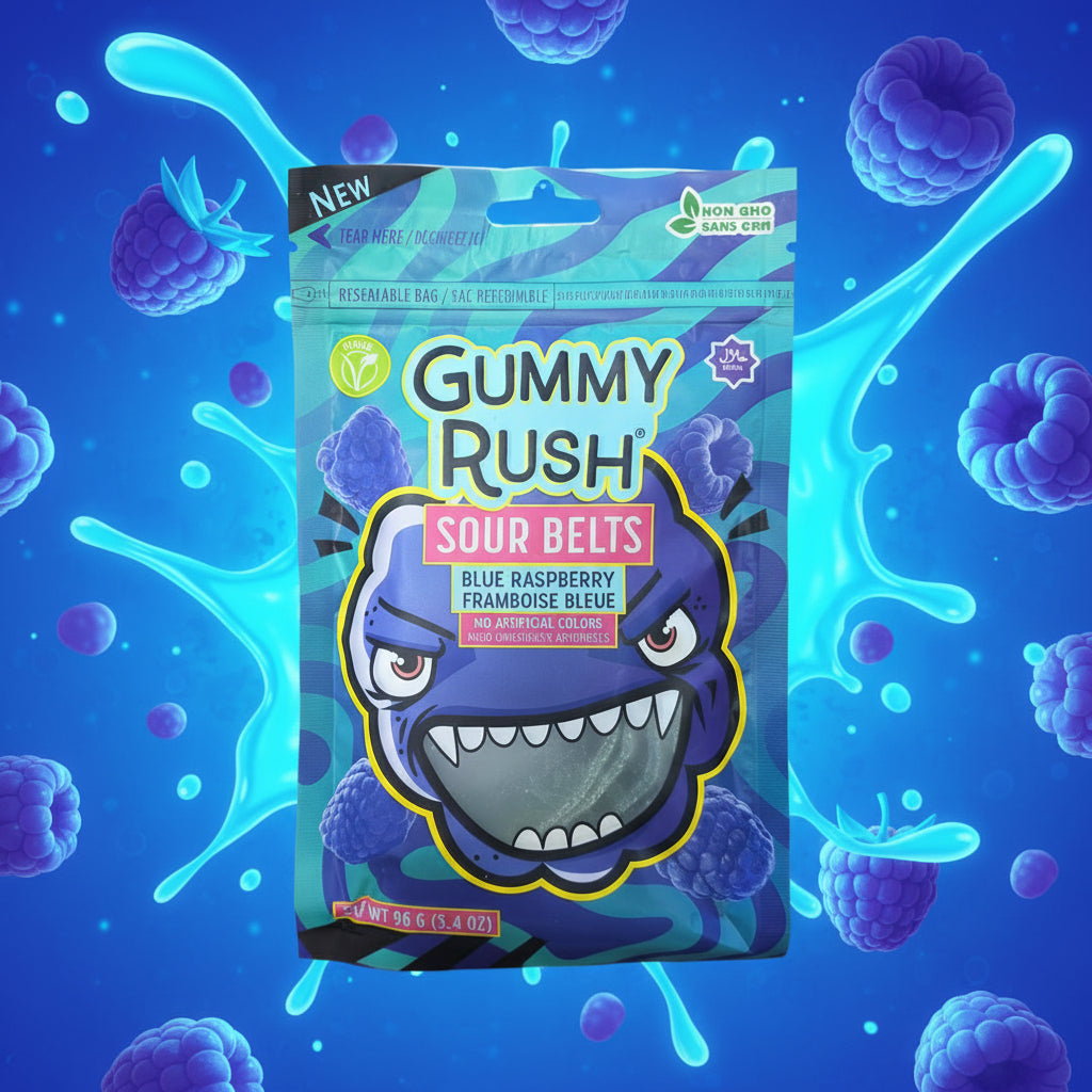 CANDY GUMMY RUSH SOUR BELTS BLUE RASPBERRY 3.40OZ 1CT