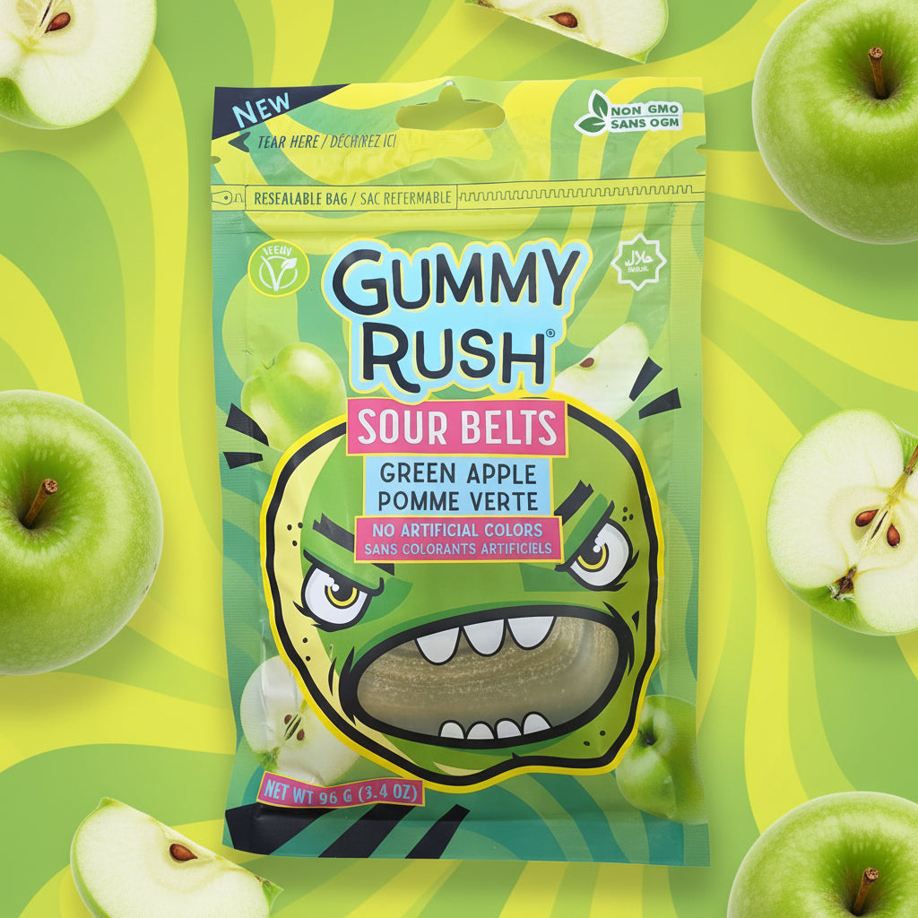 CANDY GUMMY RUSH SOUR BELTS GREEN APPLE 3.40OZ 1CT