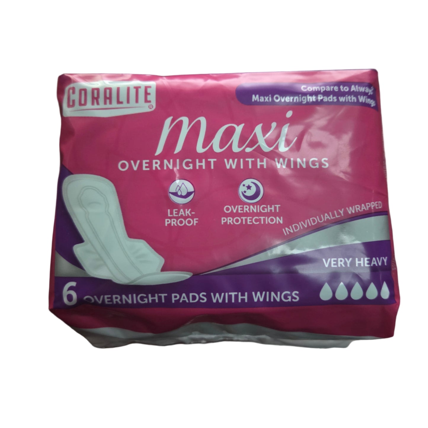 MAXI PAD CORALITE OVERNIGHT W/WINGS PINK 6PK