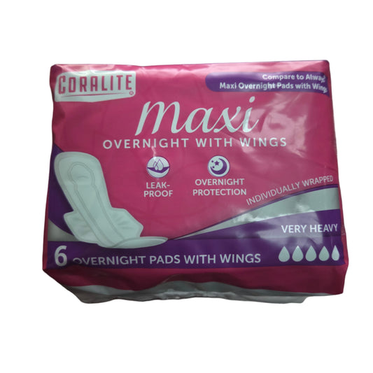 MAXI PAD CORALITE OVERNIGHT W/WINGS PINK 6PK
