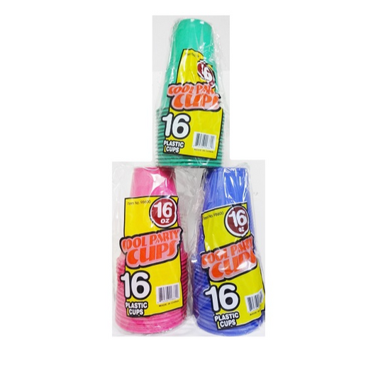 CUPS COOL PARTY ASSORTED COLORS 16OZ 16PK 1CT