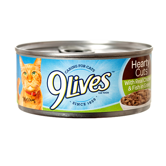 CAT FOOD 9LIVES HEARTY CUTS CHICKEN&FISH IN GRAVY 5.5OZ