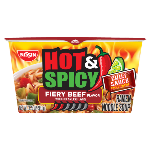 SOUP NISSIN HOT&SPICY FIERY BEEF BOWL 3.28OZ 6PK