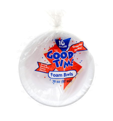 BOWL FOAM ROUND GOOD TIME 8.5" 30 OZ WHITE 10PK 1CT