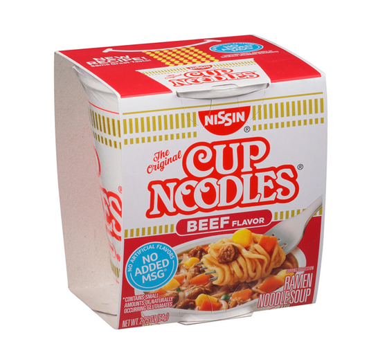 SOUP NISSIN NOODLE BEEF CUP 2.25OZ 12PK