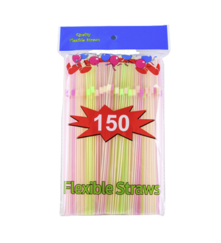 STRAW FLEXIBLE ASSORTED NEON COLOR 150PK 1CT