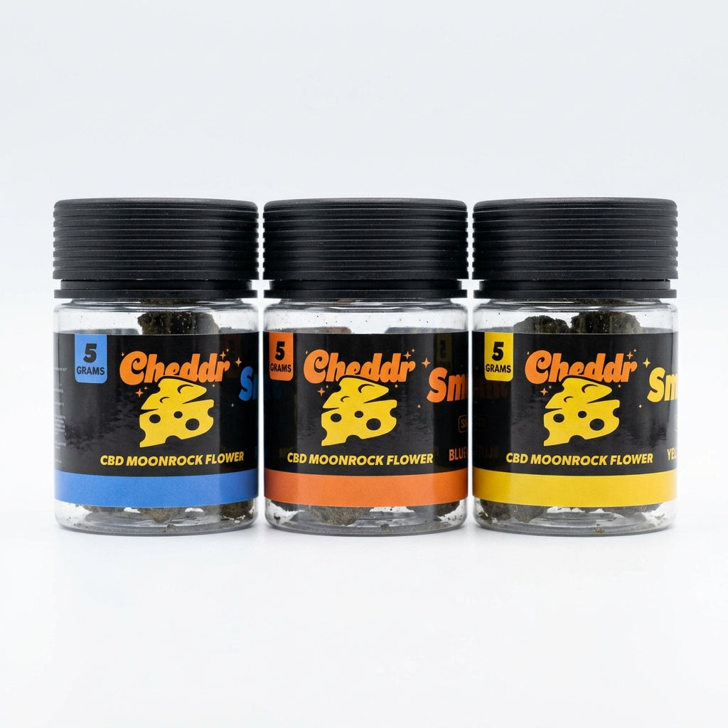 Cheddr CBD Moonrock Flower 5g jars, three color variants