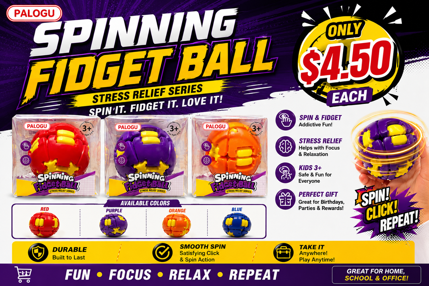 TOYS SPINNING FIDGET BALL 12CT