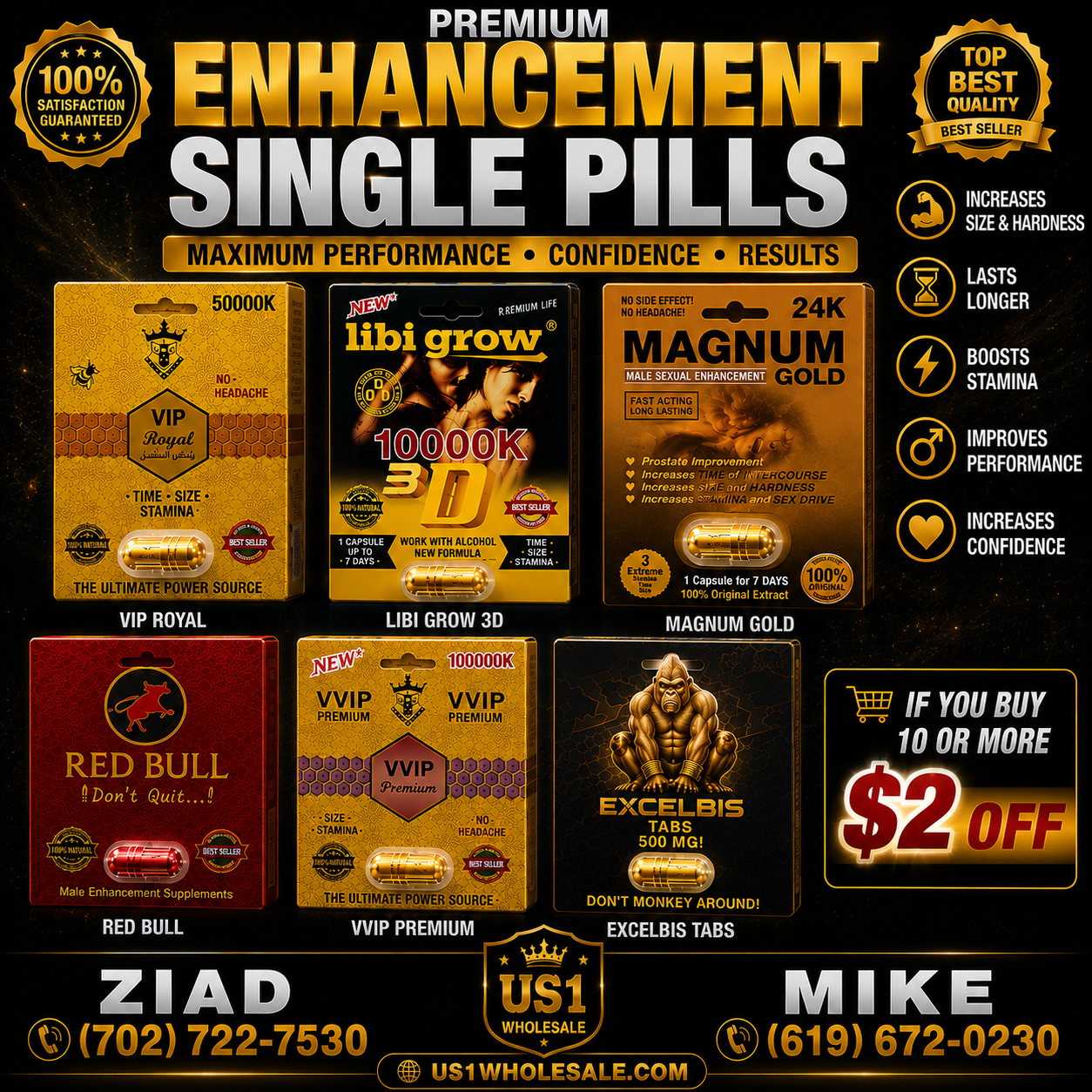LIBI GROW, MAGNUM, VIP, RED BULL, VVIP, SINGLE PILLS SEX ENHANCEMENT 24PK