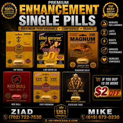 LIBI GROW, MAGNUM, VIP, RED BULL, VVIP, SINGLE PILLS SEX ENHANCEMENT 24PK