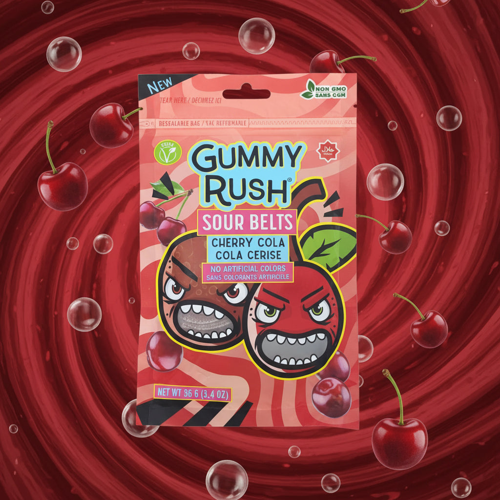CANDY GUMMY RUSH SOUR BELTS CHERRY COLA 3.40OZ 1CT