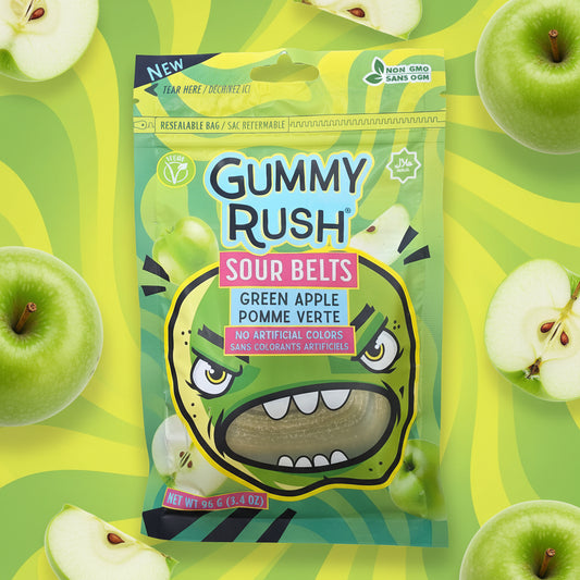 CANDY GUMMY RUSH SOUR BELTS GREEN APPLE 3.40OZ 1CT
