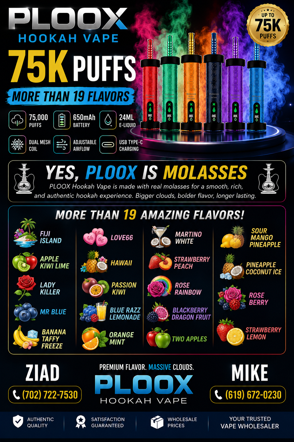 PLOOX MOLASSES HOOKAH VAPE 75K 5PK