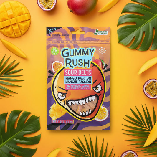 CANDY GUMMY RUSH SOUR BELTS MANGO PASSION 3.40OZ 1CT